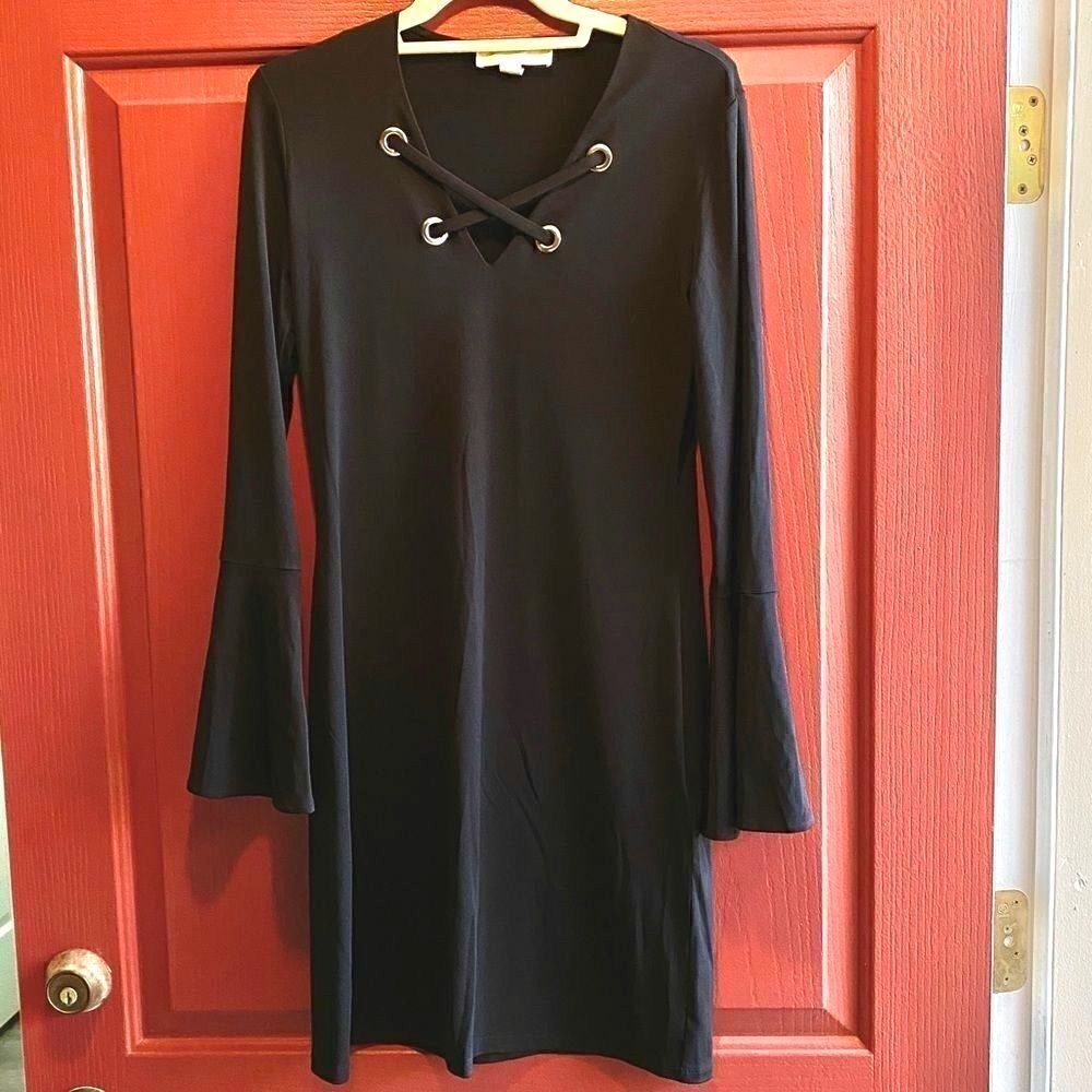 JET BLACK MICHAEL KORS FIT&FLARE DRESS-GROMMET CRISS CROSS STRAPS S NWT - Picture 4 of 16
